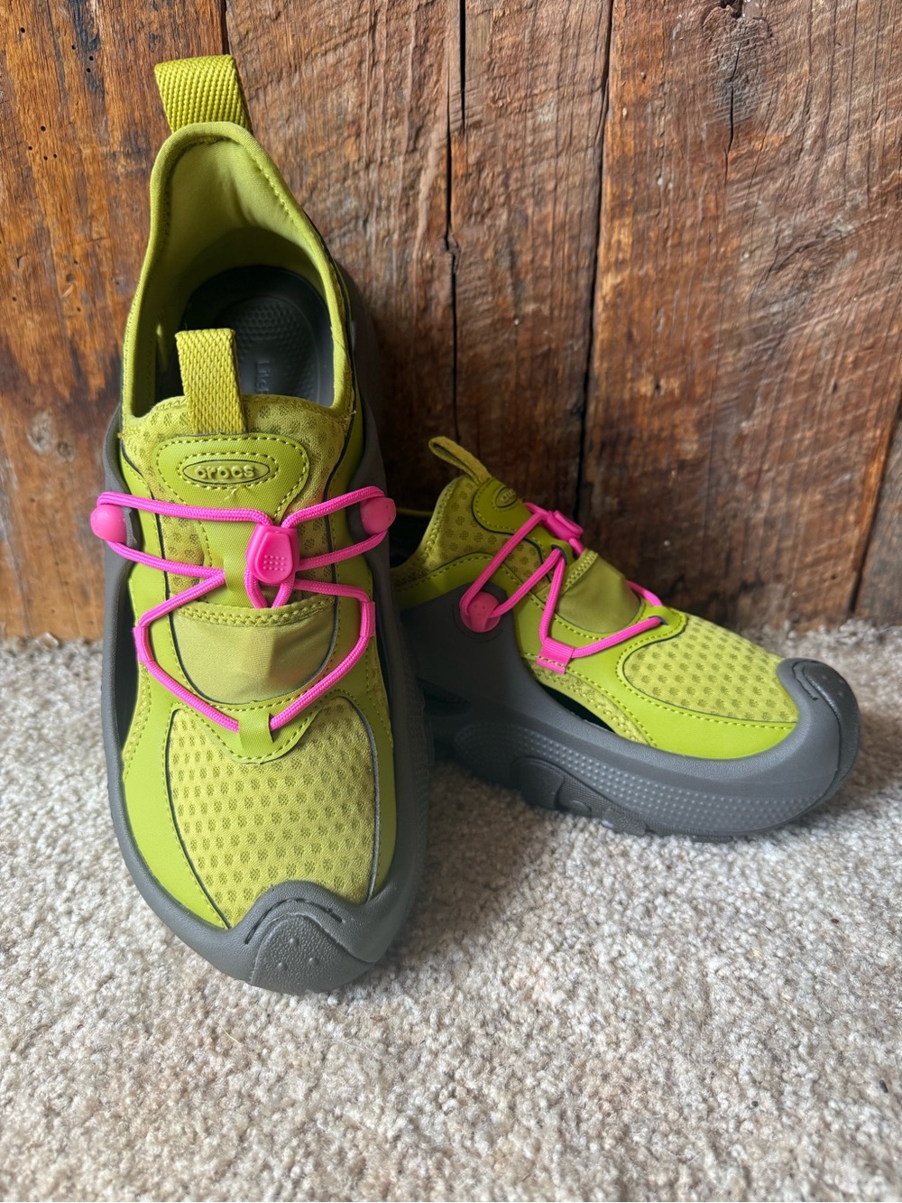 CROCS Lime Green Gray Slip-On Clog with Pink Accents